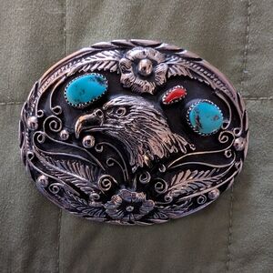 VINTAGE Native Style Eagle Belt Buckle – Genuine Turquoise & Coral
